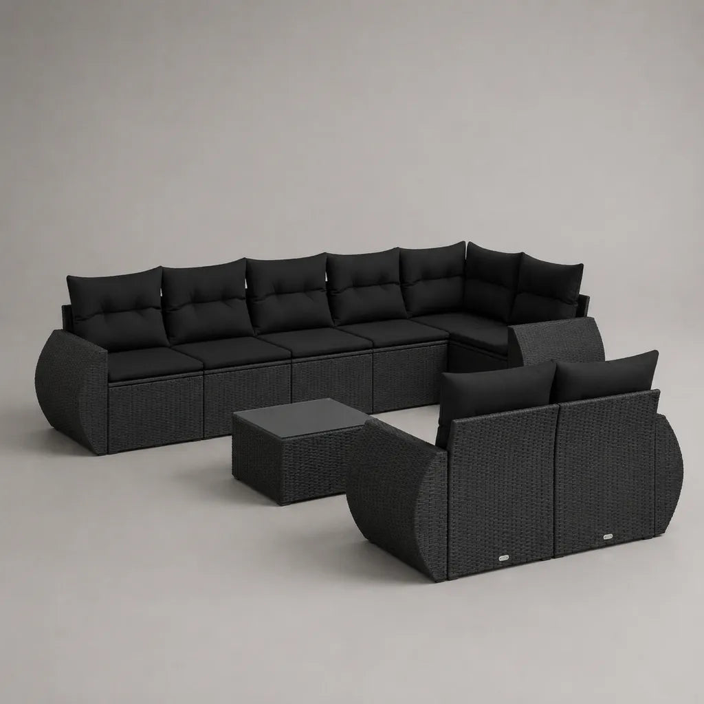 Set modulare da esterno 9 pezzi in rattan PE nero e tessuto antracite, 8 posti con tavolino, 340 × 145 × 75 cm