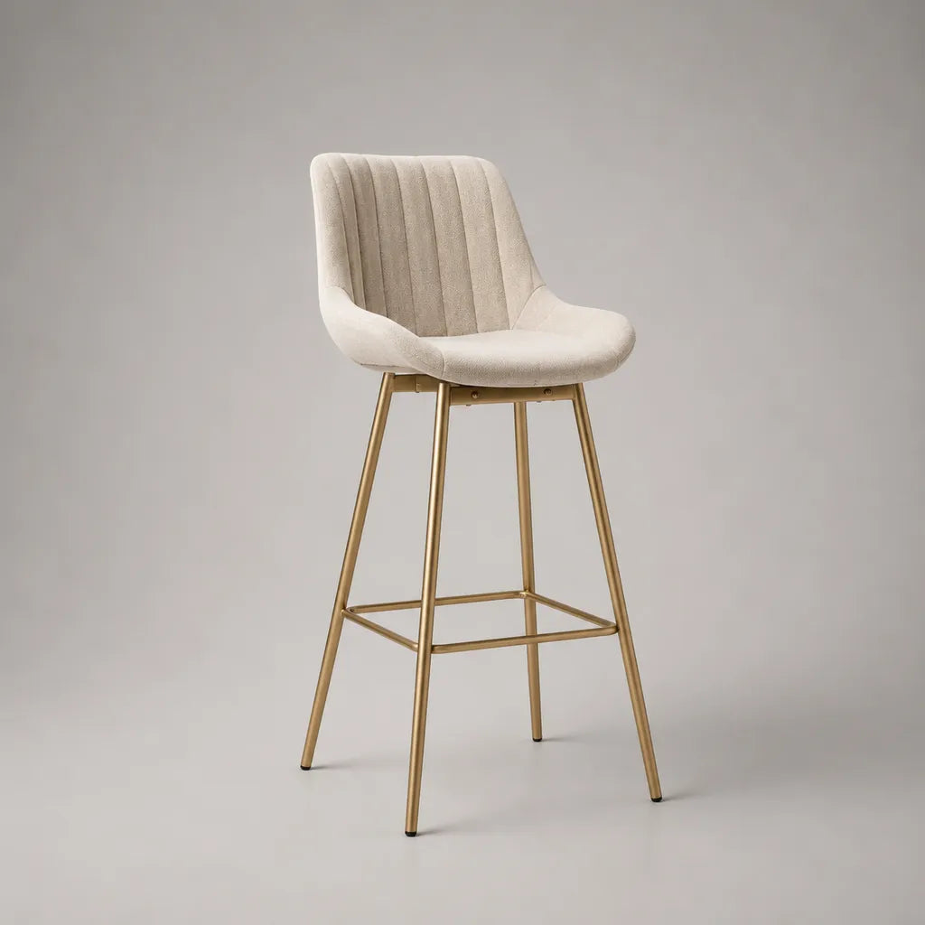 Sgabello da bar imbottito in tessuto e metallo beige e oro, 53 × 55 × 101 cm