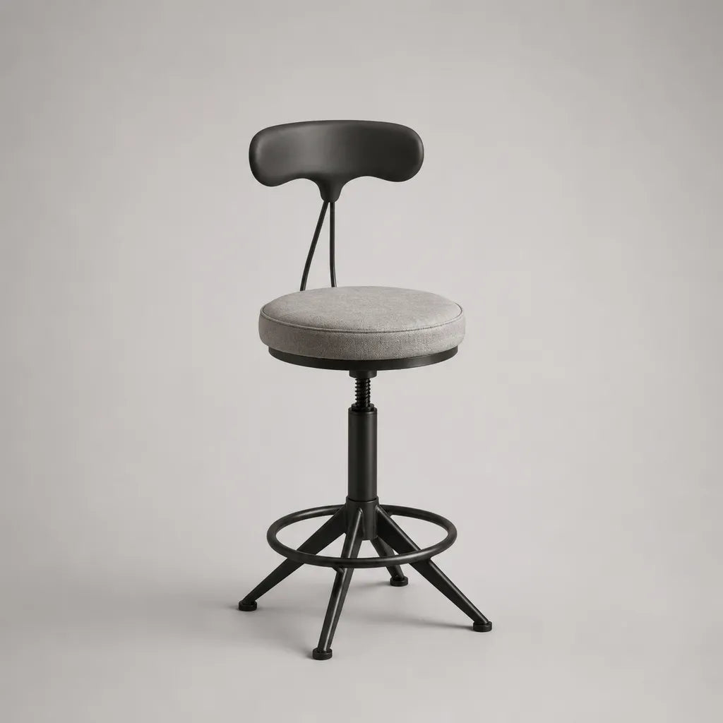 Sgabello da bar girevole regolabile con schienale, seduta imbottita in poliestere e telaio in acciaio nero, 47 x 50 x 91-111 cm