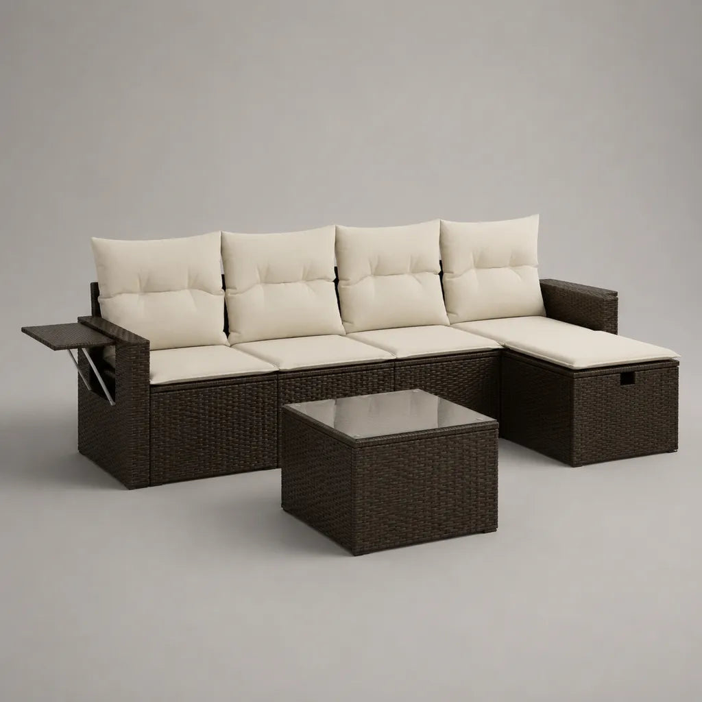 Set angolare da giardino 3 pezzi in rattan PE marrone scuro con cuscini crema, 228 x 136 x 74 cm