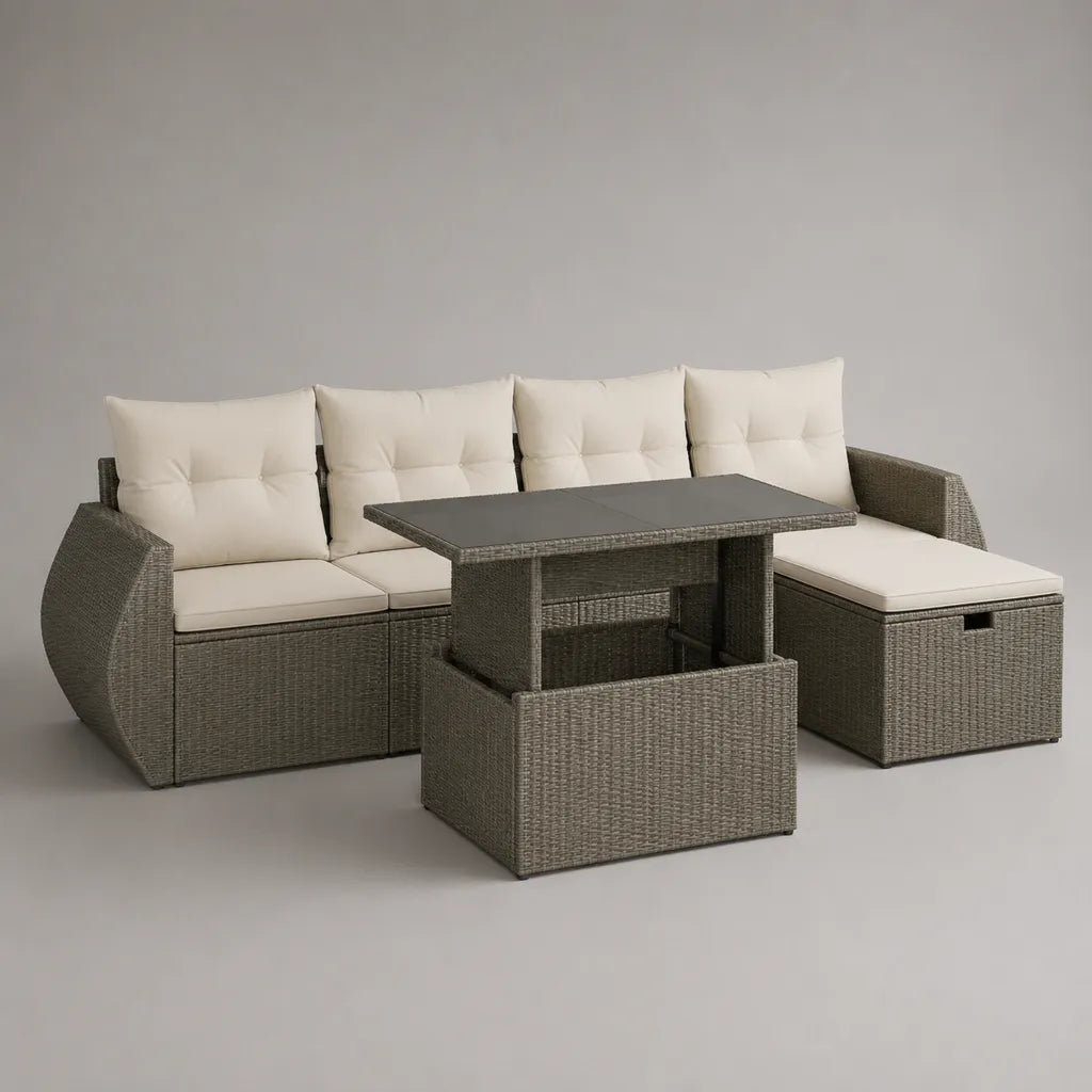 Set divano angolare da esterno 4 posti in rattan PE e acciaio con chaise longue contenitore e tavolo elevabile, grigio tortora, 236 x 128 x 74 cm