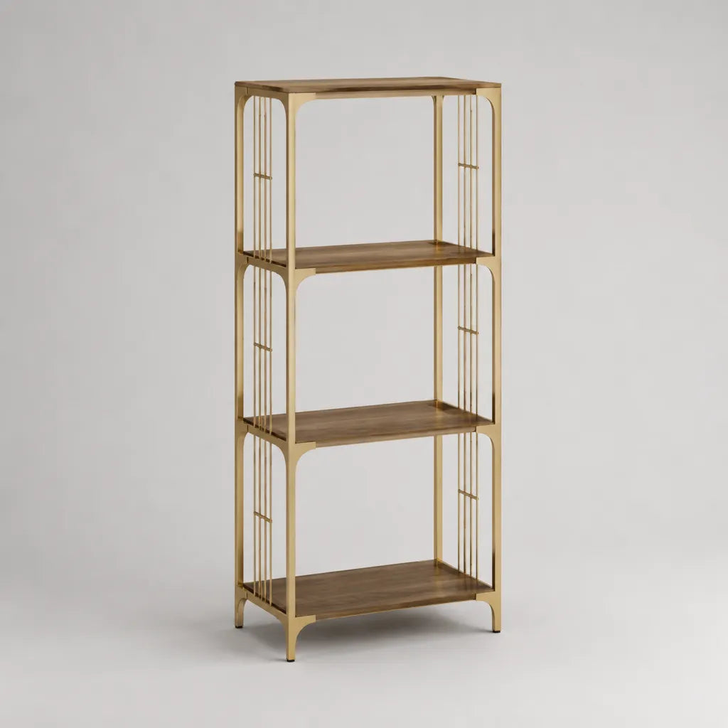 Libreria rettangolare a 4 ripiani in legno e acciaio, marrone e ottone anticato, 70 x 35 x 165 cm
