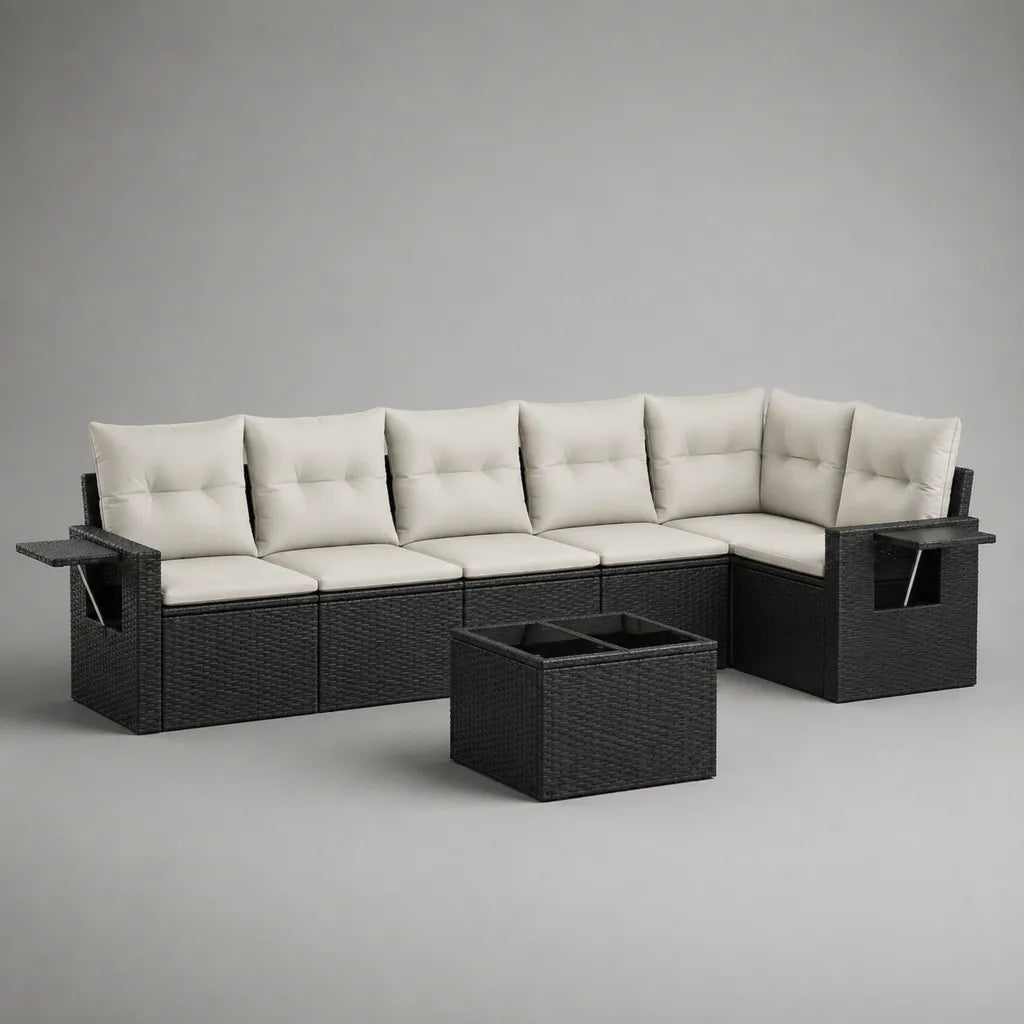 Set divano angolare da esterno a 6 posti in rattan PE nero con cuscini crema e tavolino, 320 x 140 x 84 cm