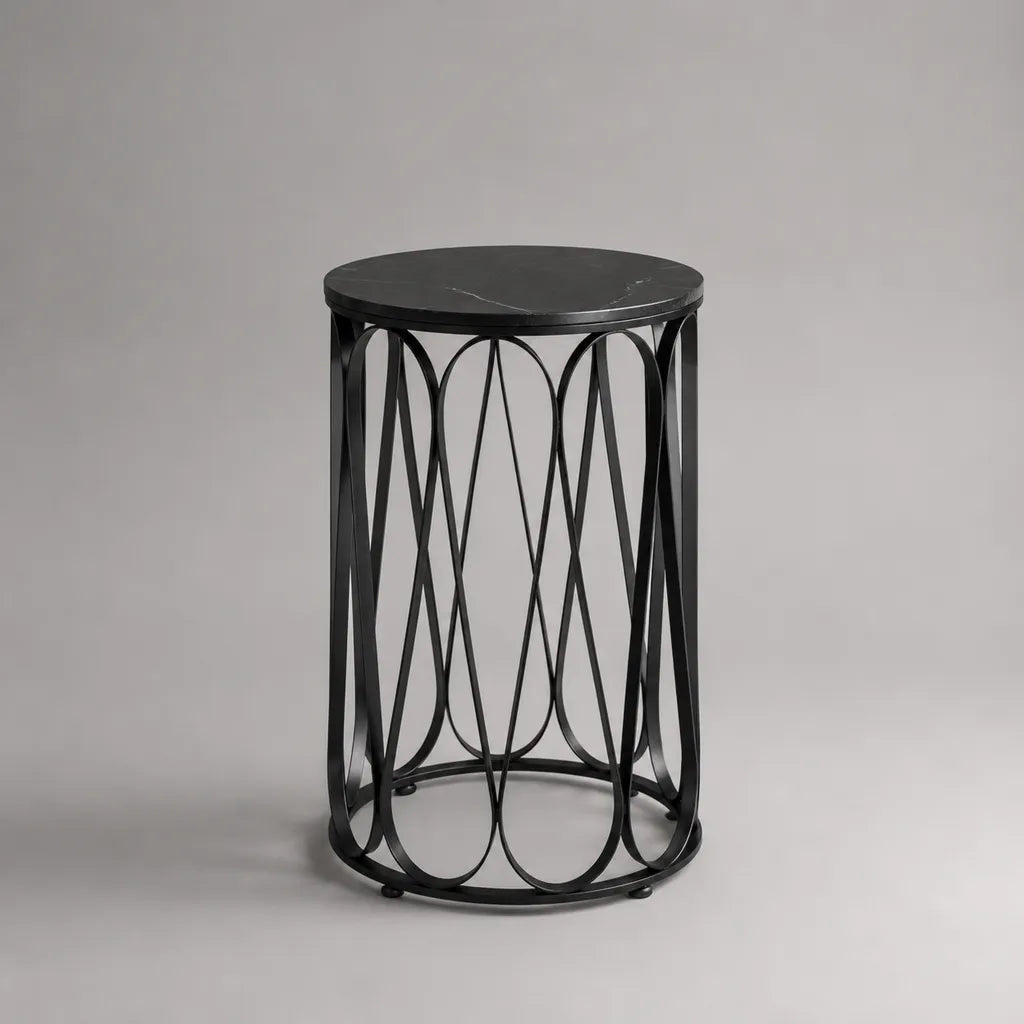Tavolino rotondo in MDF effetto marmo e acciaio nero, Ø 40 × 60 cm