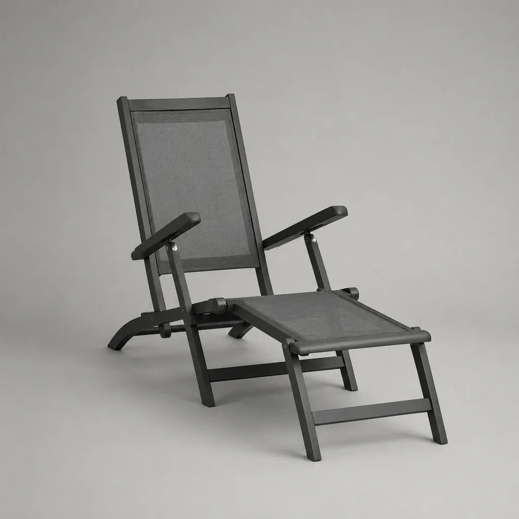 Lettino prendisole reclinabile e pieghevole con poggiapiedi in acciaio e tessuto antracite, 165 x 65 x 110 cm