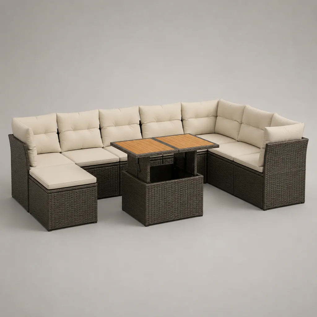 Set divano angolare da esterno a 9 posti in polyrattan, acciaio e legno, marrone scuro e beige, 238 x 238 x 74 cm