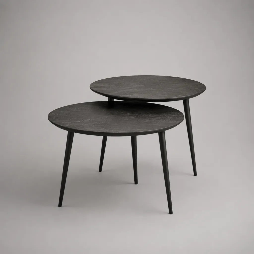 Set di 2 tavolini da caffè rotondi in legno e acciaio nero, Ø70 × H45 cm e Ø60 × H52 cm