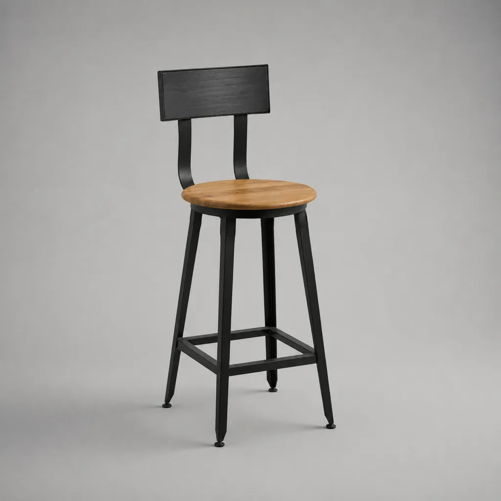 Sgabello alto da bar in legno e acciaio con schienale, marrone naturale e nero, 43 x 47 x 105 cm