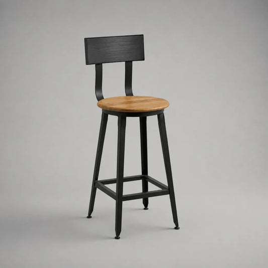 Sgabello alto da bar in legno e acciaio con schienale, marrone naturale e nero, 43 x 47 x 105 cm