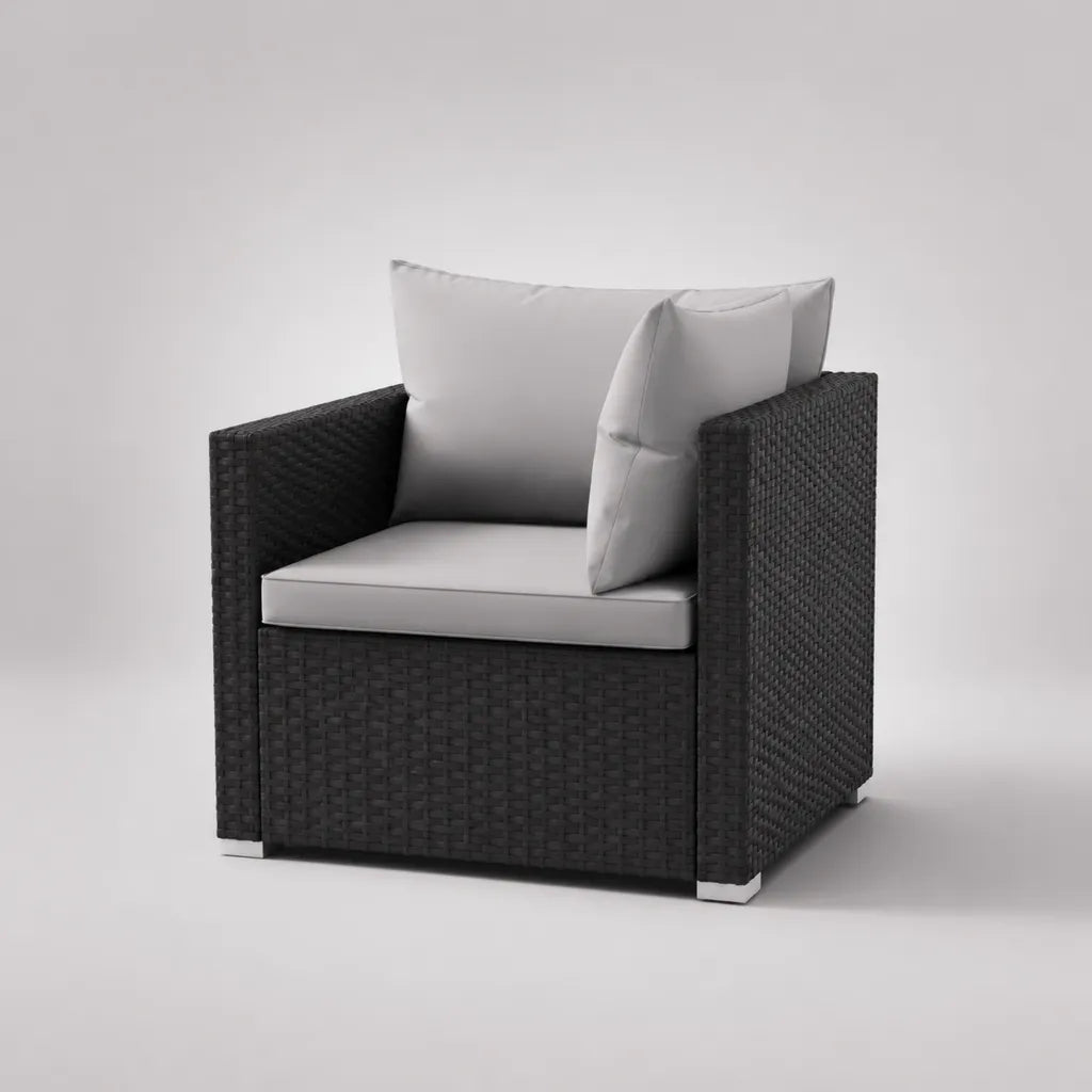 Set da giardino 2 pezzi in rattan PE nero con poltrona 75 × 75 × 75 cm, poggiapiedi 63 × 51 × 31 cm e cuscini grigio chiaro