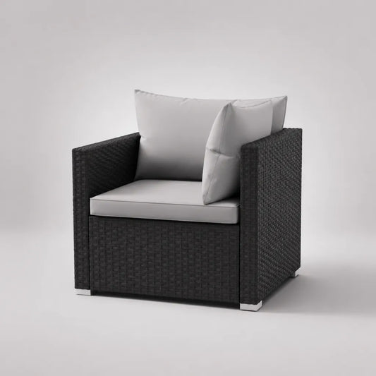 Set da giardino 2 pezzi in rattan PE nero con poltrona 75 × 75 × 75 cm, poggiapiedi 63 × 51 × 31 cm e cuscini grigio chiaro