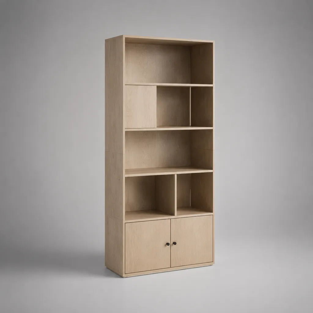 Libreria alta in truciolare impiallacciato con 6 vani e 2 ante, rovere beige e nero, 80 × 30 × 180 cm