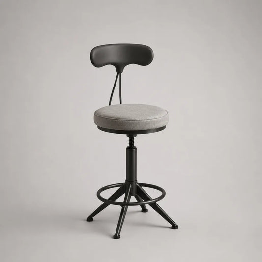 Sgabello da bar girevole regolabile con schienale, seduta imbottita in poliestere e telaio in acciaio nero, 47 x 50 x 91-111 cm