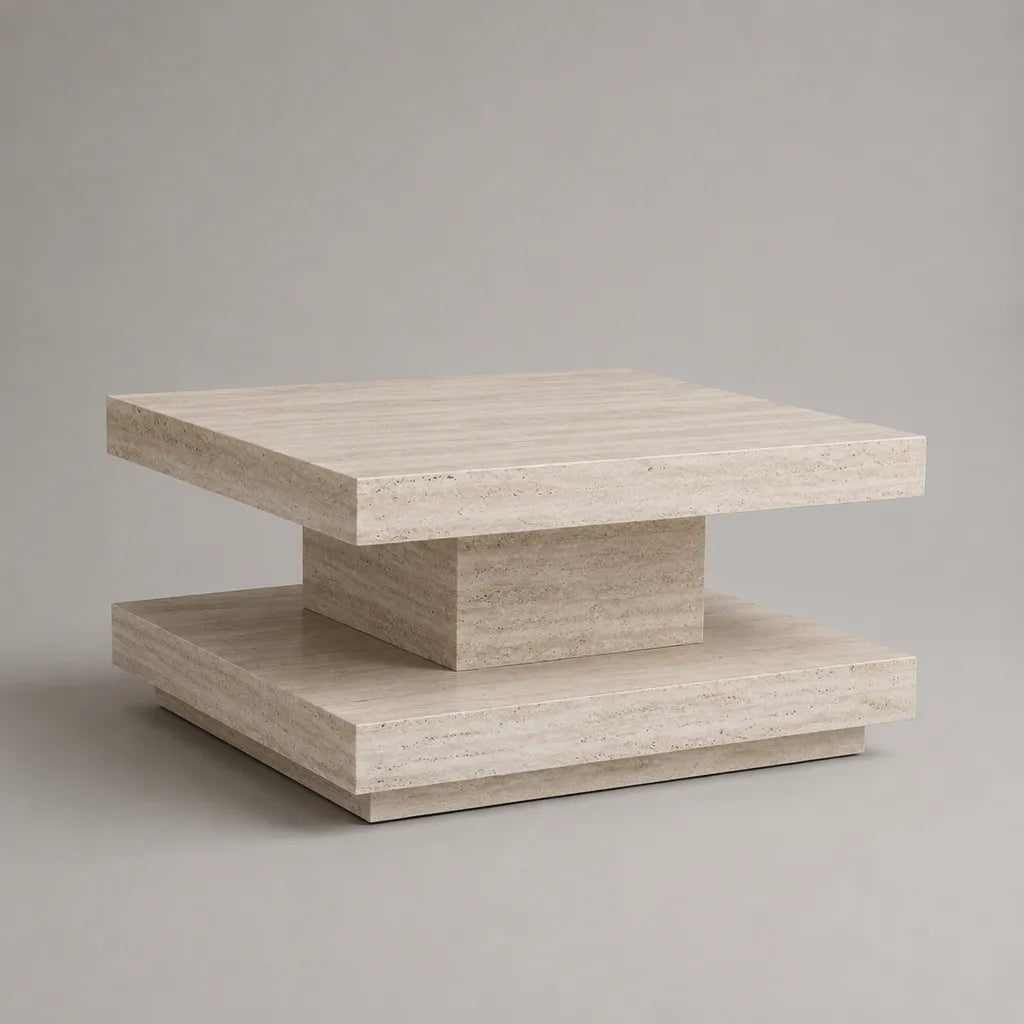 Tavolino da caffè quadrato rivestito in travertino beige e avorio con piedistallo, 80 × 80 × 41 cm