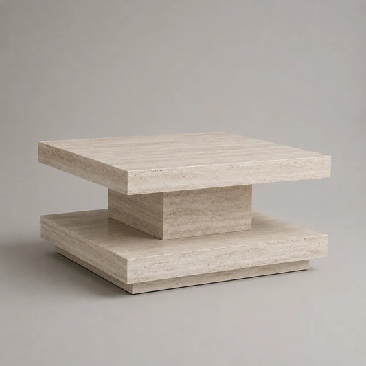 Tavolino da caffè quadrato rivestito in travertino beige e avorio con piedistallo, 80 × 80 × 41 cm