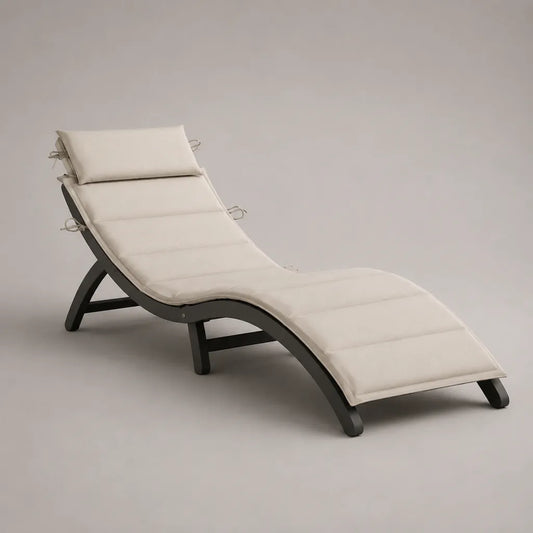 Lettino prendisole curvo da esterno in legno massello di acacia nero con cuscino crema, 190 × 65 × 70 cm