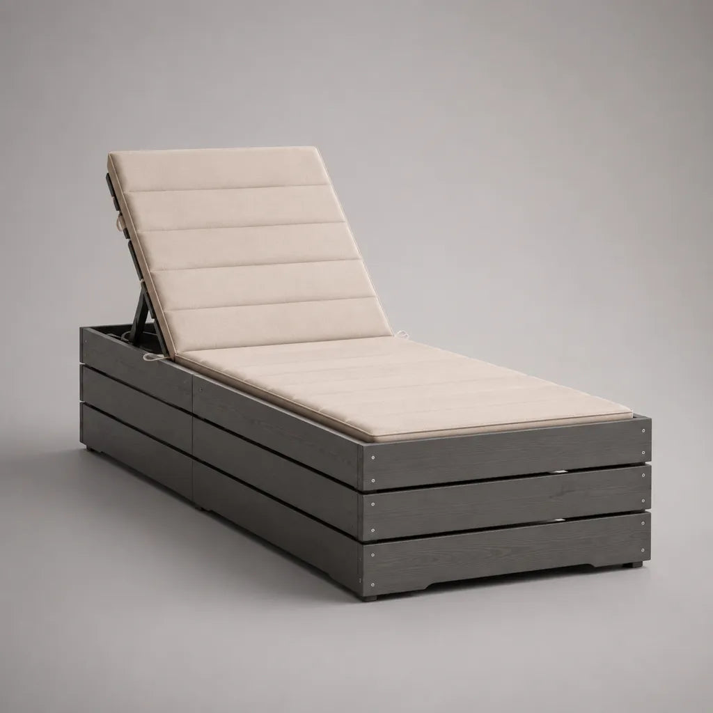 Lettino prendisole reclinabile in legno massello di acacia con cuscino, antracite e beige, 200 × 70 × 35-92 cm