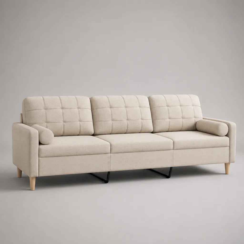 Divano lineare a 3 posti in tessuto beige crema, 214 × 84 × 86 cm