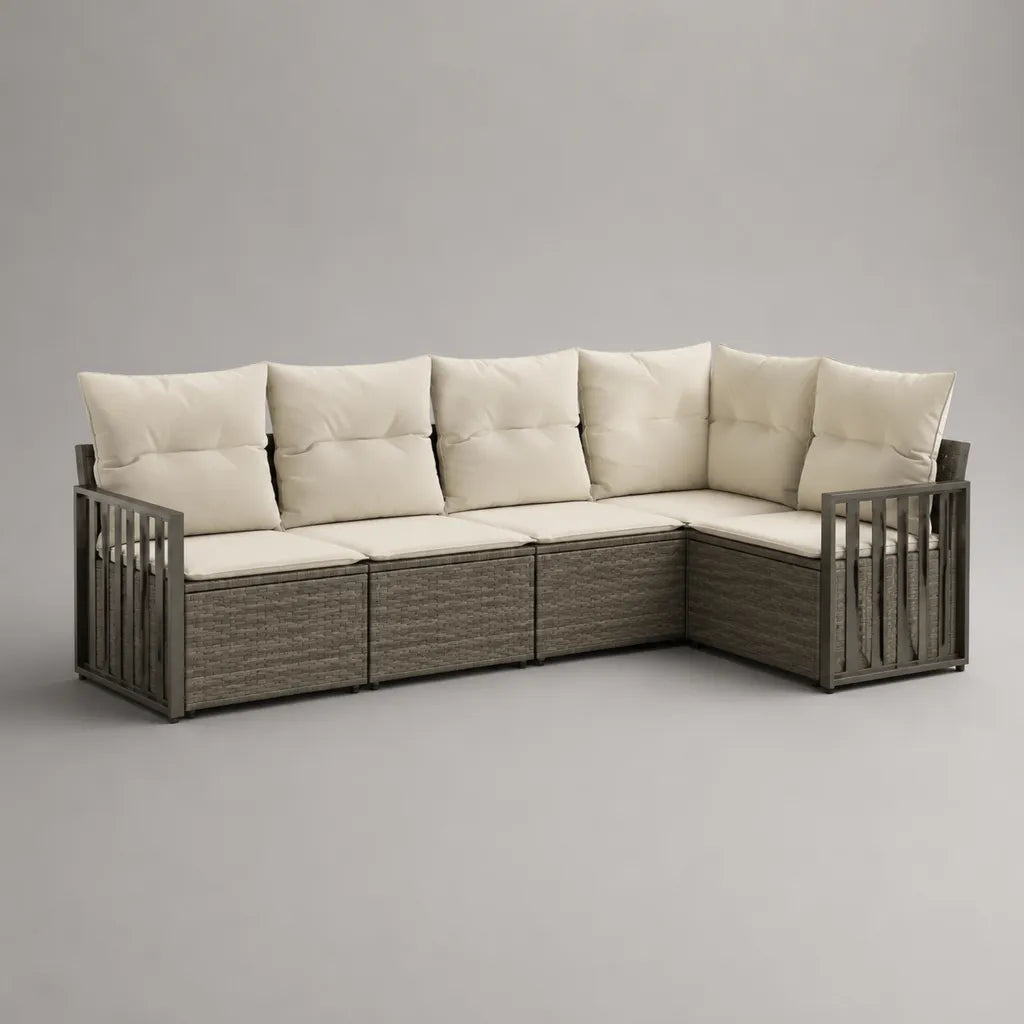 Divano angolare da esterno a 4 posti, set modulare da 4 pezzi in polyrattan PE e acciaio, grigio tortora e crema, 220 x 150 x 85 cm