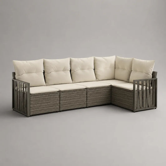 Divano angolare da esterno a 4 posti, set modulare da 4 pezzi in polyrattan PE e acciaio, grigio tortora e crema, 220 x 150 x 85 cm