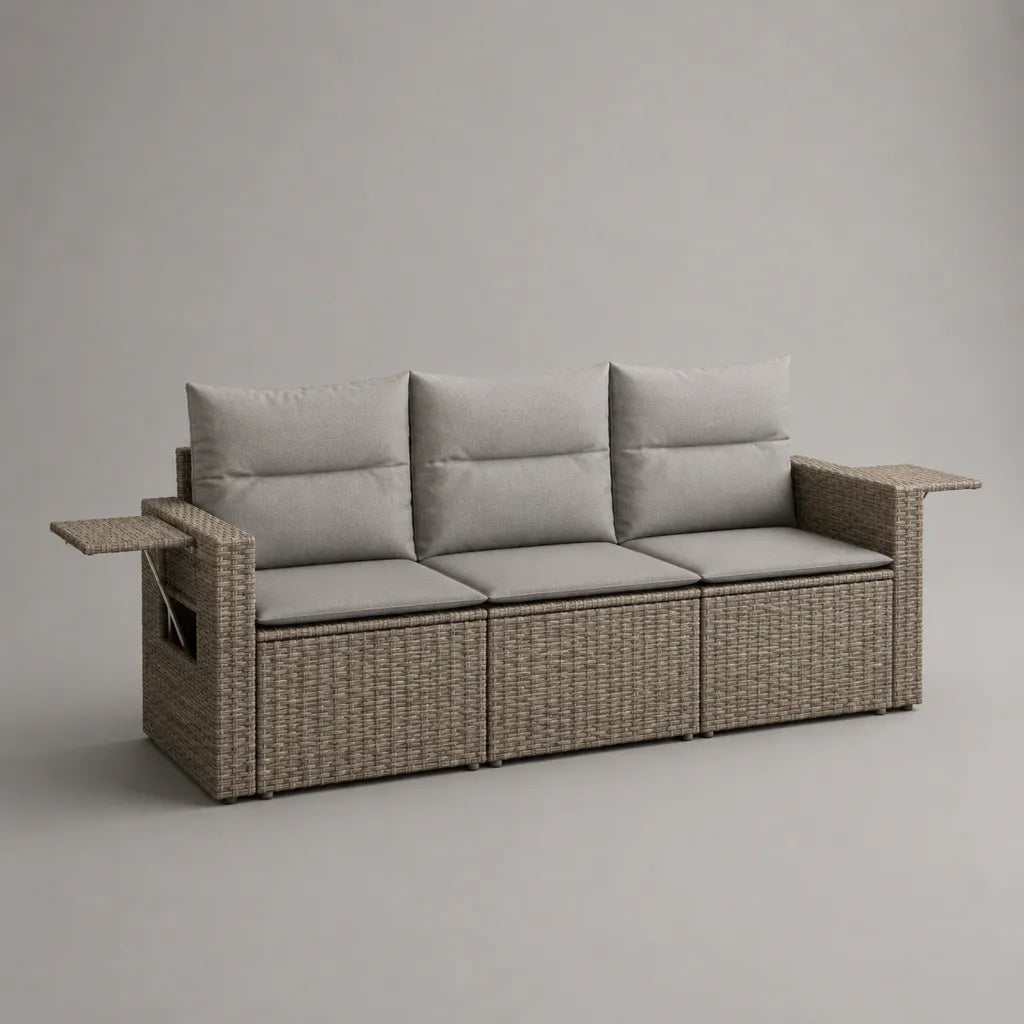 Divano da giardino a 3 posti in rattan sintetico PE beige con cuscini tortora e tavolini laterali, 228 × 72 × 85 cm