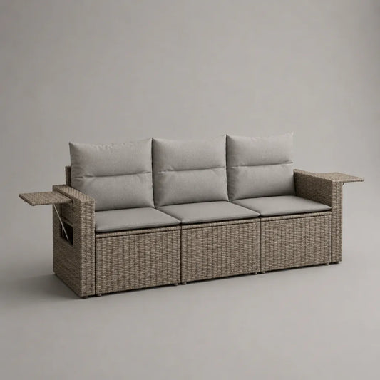 Divano da giardino a 3 posti in rattan sintetico PE beige con cuscini tortora e tavolini laterali, 228 × 72 × 85 cm