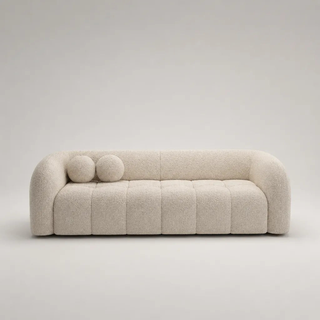 Divano 3 posti in tessuto bouclé con 2 cuscini rotondi, bianco crema, 230 x 95 x 75 cm