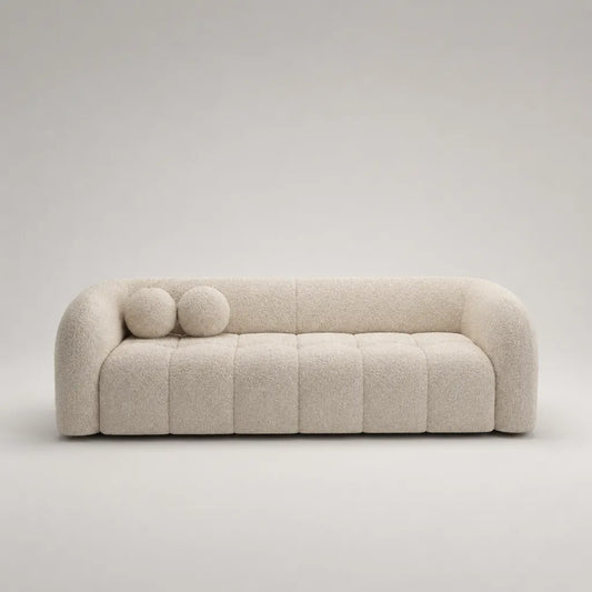 Divano 3 posti in tessuto bouclé con 2 cuscini rotondi, bianco crema, 230 x 95 x 75 cm