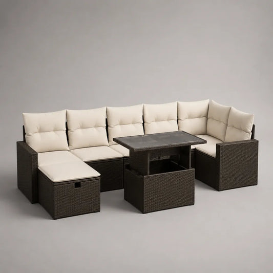 Set angolare da giardino per esterno 8 pezzi in rattan PE con tavolo e cuscini, marrone scuro e crema, 260 × 195 × 74 cm