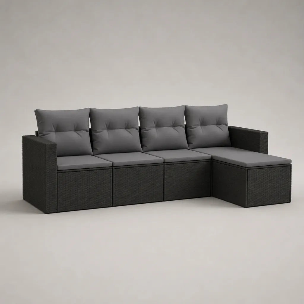 Divano angolare da giardino a 4 posti in polyrattan PE nero con cuscini grigi, 228 x 147 x 85 cm