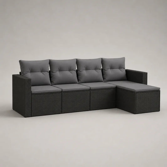 Divano angolare da giardino a 4 posti in polyrattan PE nero con cuscini grigi, 228 x 147 x 85 cm
