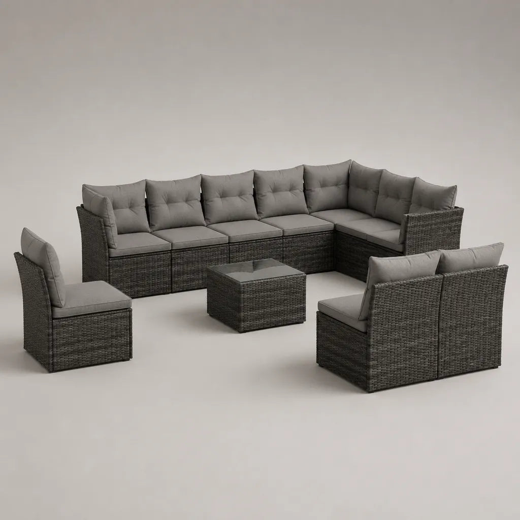 Set da giardino modulare 10 pezzi in polyrattan grigio antracite con cuscini grigi e tavolino, 296 x 222 x 73 cm