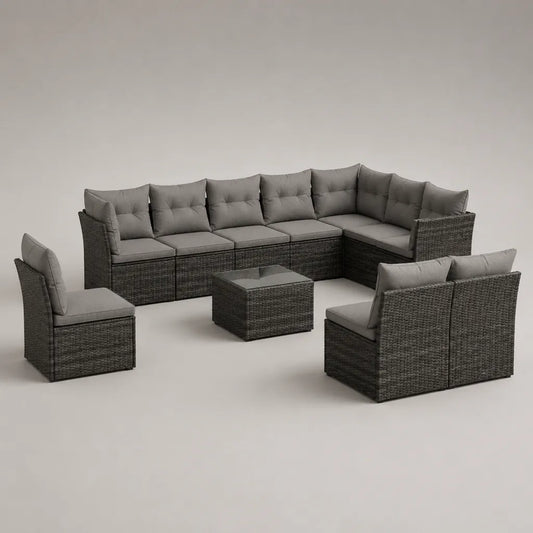 Set da giardino modulare 10 pezzi in polyrattan grigio antracite con cuscini grigi e tavolino, 296 x 222 x 73 cm