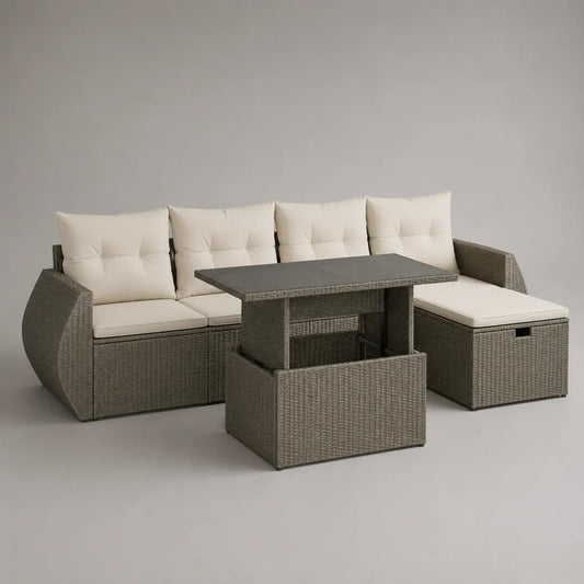 Set divano angolare da esterno 4 posti in rattan PE e acciaio con chaise longue contenitore e tavolo elevabile, grigio tortora, 236 x 128 x 74 cm
