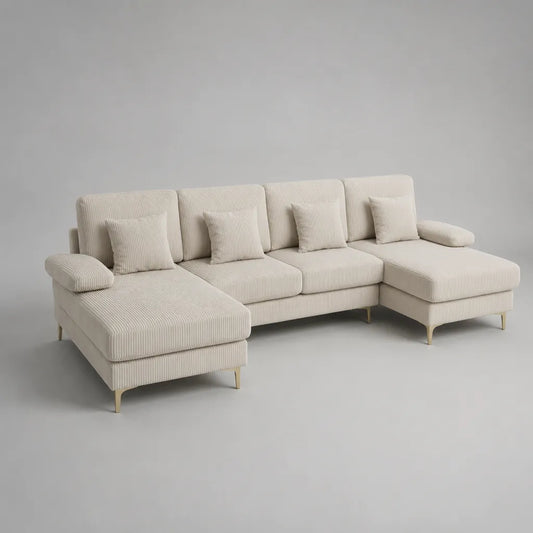 Divano modulare a U 4 posti in velluto a coste crema con piedini in metallo, 320 x 160 x 88 cm