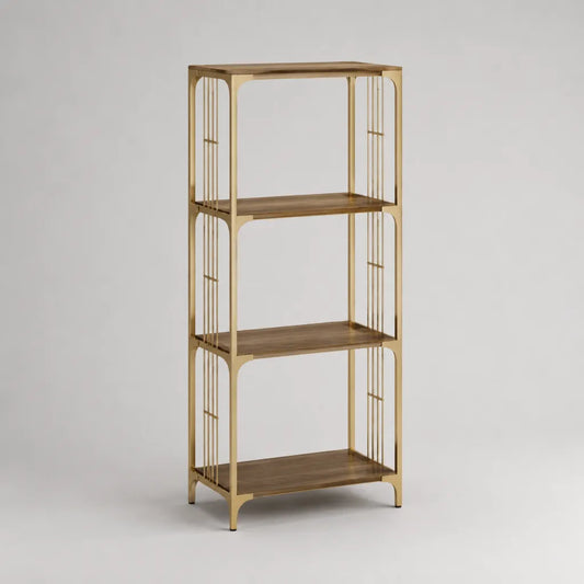 Libreria rettangolare a 4 ripiani in legno e acciaio, marrone e ottone anticato, 70 x 35 x 165 cm