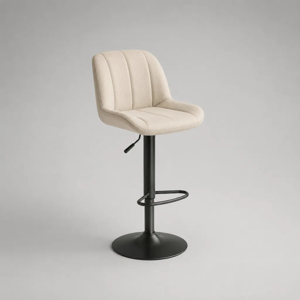 Sgabello da bar girevole regolabile in altezza con schienale curvo in velluto di poliestere e acciaio, crema e nero, 52 × 53 × 88-109 cm