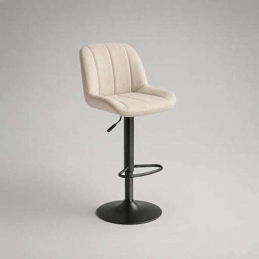 Sgabello da bar girevole regolabile in altezza con schienale curvo in velluto di poliestere e acciaio, crema e nero, 52 × 53 × 88-109 cm