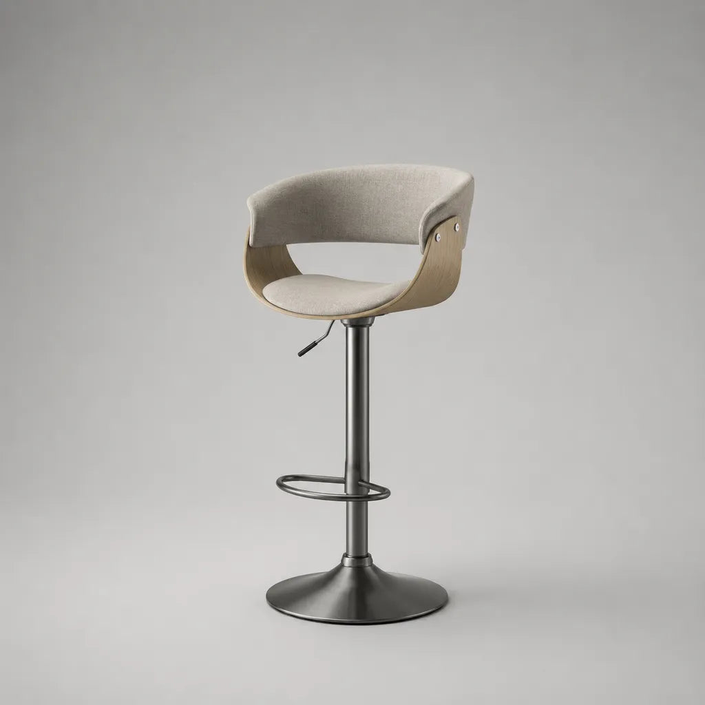 Sgabello da bar girevole regolabile in altezza con seduta imbottita in tessuto, struttura in legno e base in metallo, beige, rovere chiaro e antracite, 54 x 51 x 89-110 cm