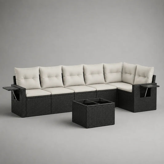 Set divano angolare da esterno a 6 posti in rattan PE nero con cuscini crema e tavolino, 320 x 140 x 84 cm