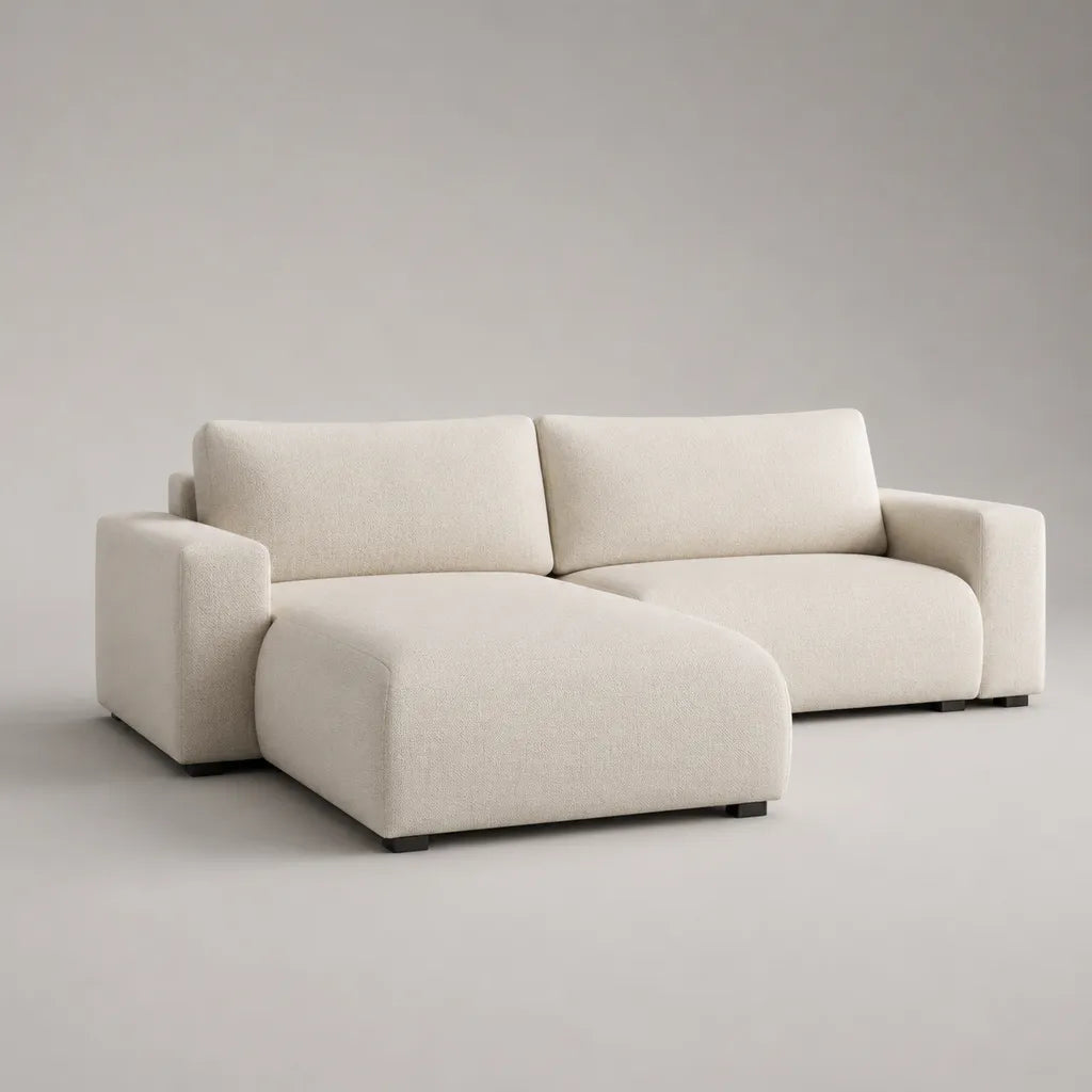 Divano angolare 3 posti con penisola sinistra in tessuto bouclé bianco crema, 250 x 160 x 85 cm