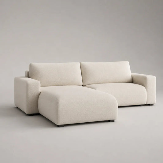 Divano angolare 3 posti con penisola sinistra in tessuto bouclé bianco crema, 250 x 160 x 85 cm