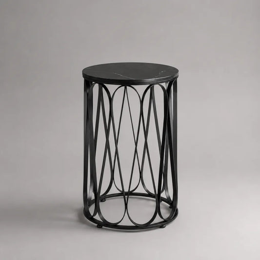 Tavolino rotondo in MDF effetto marmo e acciaio nero, Ø 40 × 60 cm