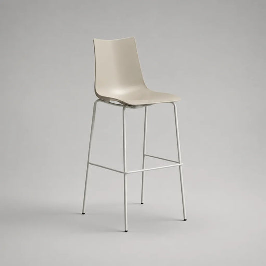 Sgabello da bar alto con schienale, scocca in plastica e telaio in metallo, beige e bianco, 49 x 51 x 105 cm