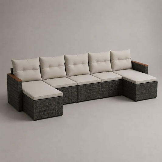 Divano modulare da esterno a U a 5 posti in rattan sintetico grigio antracite con cuscini beige, 310 x 160 x 78 cm