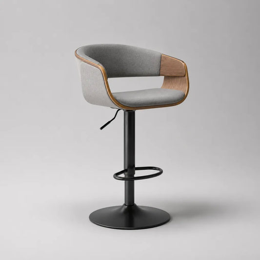 Sgabello da bar girevole regolabile in poliestere grigio, multistrato noce e acciaio nero, 55 x 50 x 87-108 cm