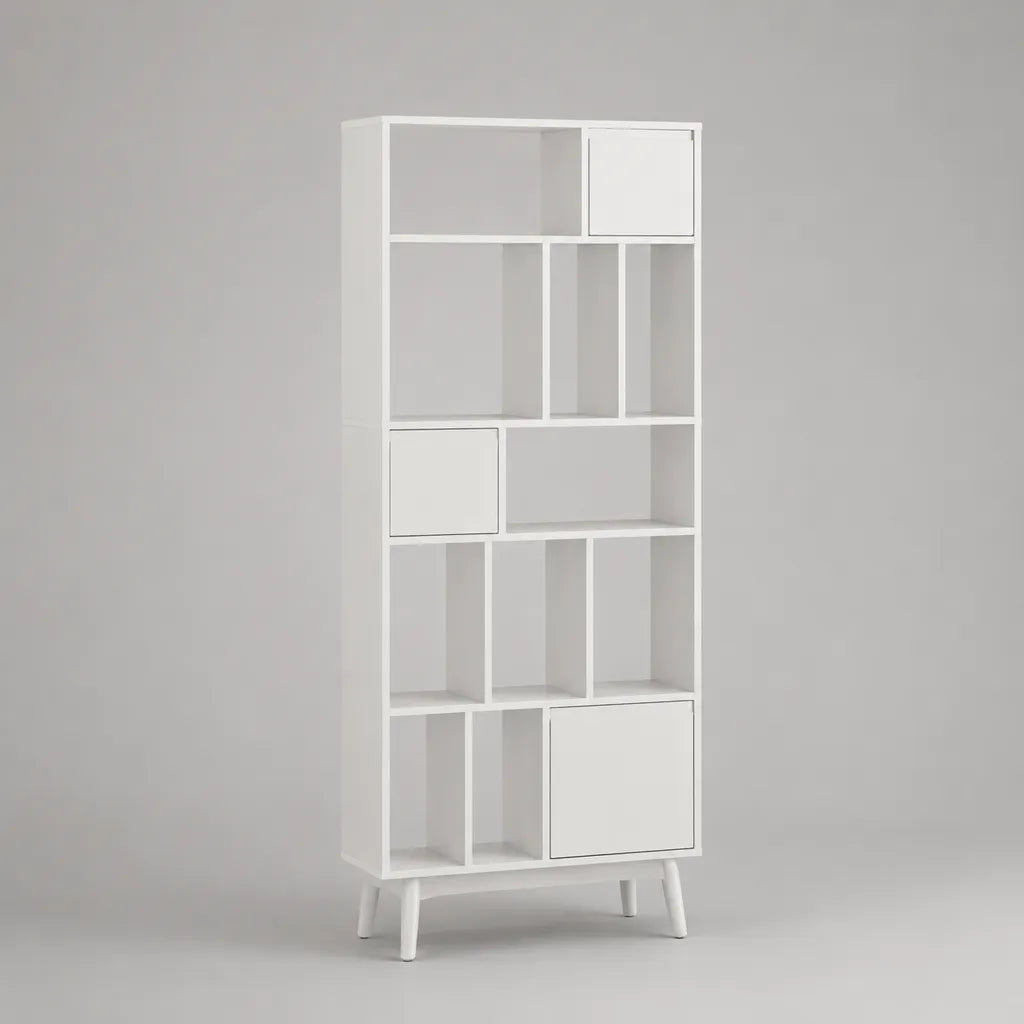 Libreria a colonna rettangolare in MDF e pino massello bianca con 10 vani aperti e 3 ante, 80 x 30 x 180 cm