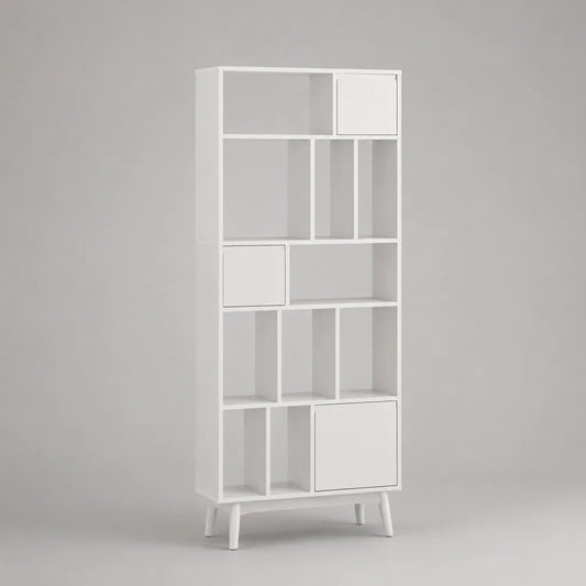Libreria a colonna rettangolare in MDF e pino massello bianca con 10 vani aperti e 3 ante, 80 x 30 x 180 cm