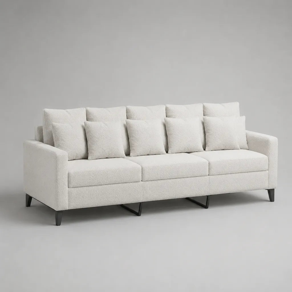 Divano rettangolare 3 posti in tessuto avorio con gambe in metallo nero, 220 × 90 × 86 cm