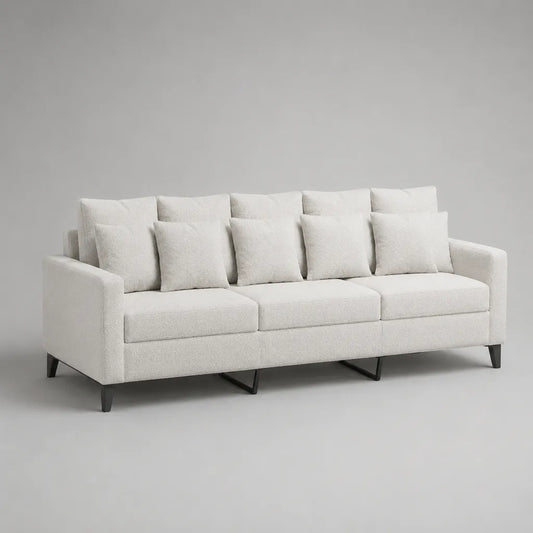 Divano rettangolare 3 posti in tessuto avorio con gambe in metallo nero, 220 × 90 × 86 cm